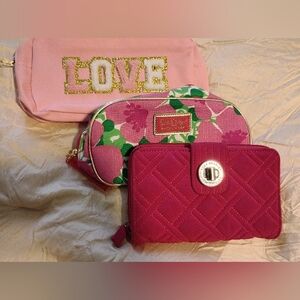 💖Vera Bradley Raspberry Quilted Wallet & Love And  Floral Cosmetic Pouch